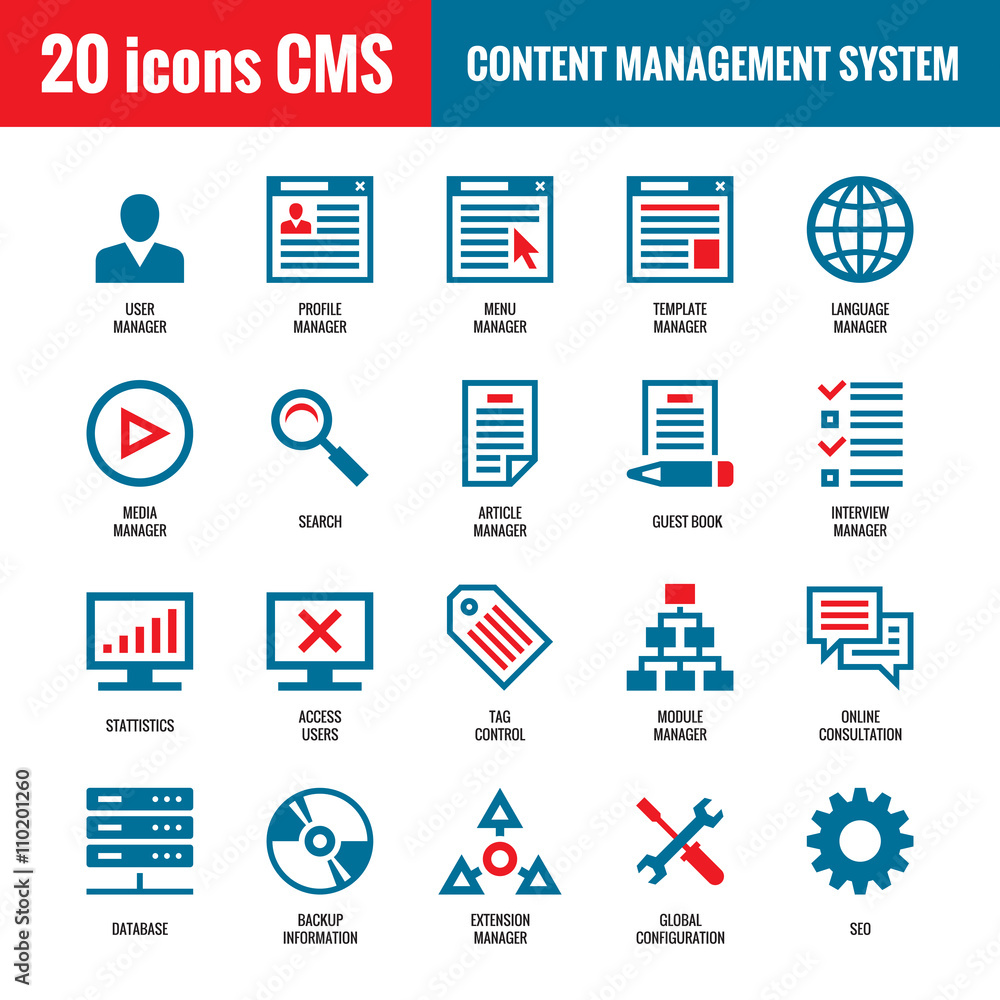 Fototapete cms - content management system - 20 vector icons. seo - search engine optimization vector icons. we