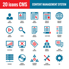 CMS - Content Management System - 20 vector icons. SEO - Search Engine Optimization vector icons. Website internet technology vector icons. Computer vector icons. 