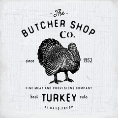 Fototapeta na wymiar Butcher Shop vintage emblem turkey meat products, butchery Logo template retro style. Vintage Design for Logotype, Label, Badge and brand design. vector illustration