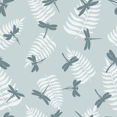 Dragonfly seamless pattern. Background with dragonflies and leaf of ferns. Vector illustration.