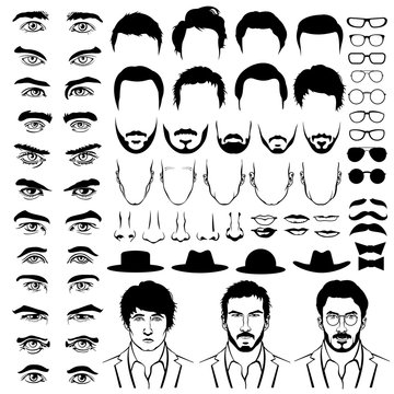 Constructor with men hipster haircuts, glasses, beards, mustaches. Vector flat style