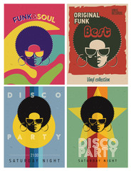 Disco party event flyers set. Collection of the creative vintage posters. Vector retro style template.