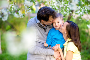 Fototapeta premium Happy young family stands near a flowering tree and smiling