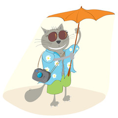 Cat tourists in a Hawaiian shirt/Vector fun cat wearing a shirt with flowers travels on a sunny summer day