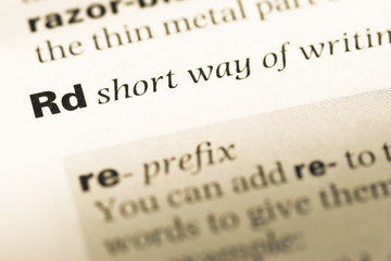 Fototapeta premium Close up of old English dictionary page with word rd