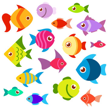 A set of colorful aquarium fish. Fish flat style vector illustration. Fish icons isolated on white background