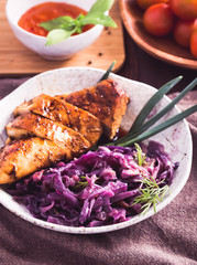 Stewed red cabbage and chicken breast