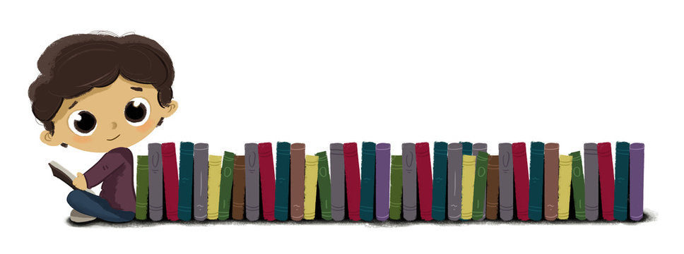 Ni&ntilde;o leyendo o estudiando. Est&aacute; junto a muchos libros. Aprender y disfrutar