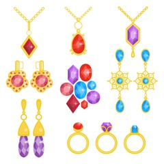 Precious jewelry set. Gemstones and gold collection. Vector illustration of gold jewel. Precious accessories for women. Flat cartoon style