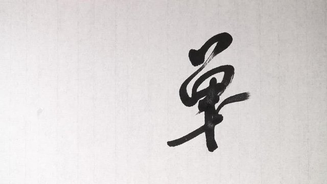 Handwriting of Chinese characters which mean "WAR ", with ink and a brush, on rice paper.