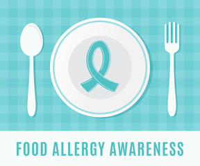 Food Allergy Awareness Teal Ribbon with Plate, Spoon and Fork.  - 110225478