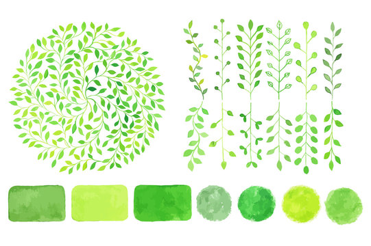 Set of watercolor logotypes. Green leaves, branches, plants elem