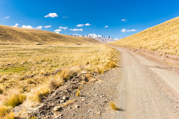 Road path mountains range ridge snow peaks, Bolivia.