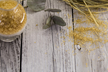 lemon, lemonade , cane sugar on wooden background