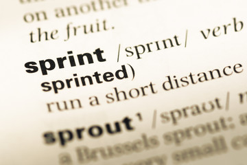 Close up of old English dictionary page with word sprint