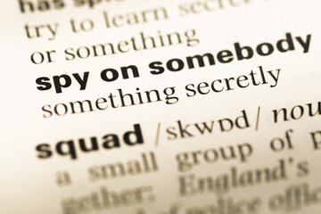 Fototapeta premium Close up of old English dictionary page with word spy on