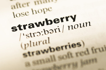 Close up of old English dictionary page with word strawberry