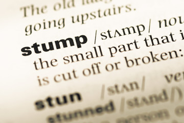 Close up of old English dictionary page with word stump