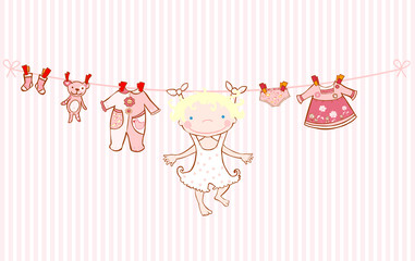  Baby girl arrival announcement card clothesline