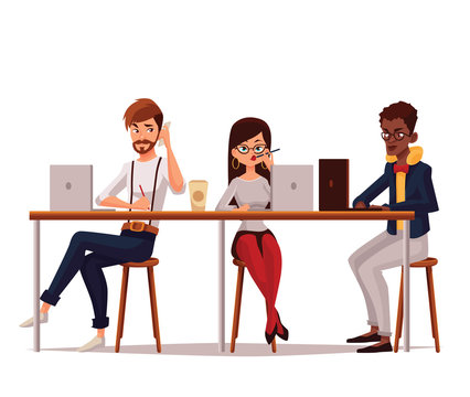 coworking, collaborative teamwork, cartoon comic illustration on a white background, isolated workers in office, Corporate Business Team Working Busy Concept, coworking center, Business meeting