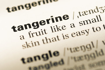 Close up of old English dictionary page with word tangerine