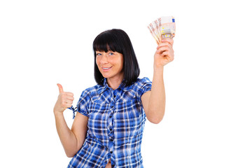 Happy and Smiling 40 years old woman holding up cash euro money in hand and showing thumb up, isolated on white background, Positive human emotion, facial expression