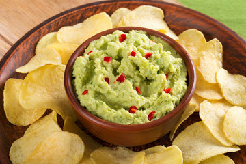 bowl of guacamole dip and potato chips