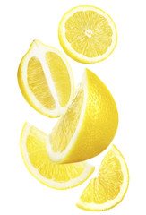 Falling ripe lemons isolated on white