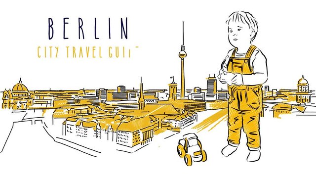 Berlin City Guide Animation with little cute boy in front of Hand drawn Skylinie and Animated Letters for Sample Title