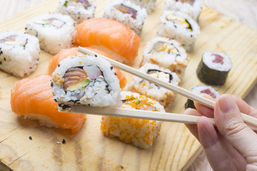 Fresh Homemade Sushi Roll against a background