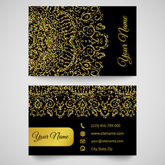 Business card template, golden pattern on black background