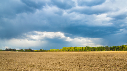 Rainy clouds over spring field