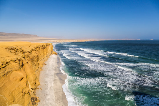 Desert and sea in Paracas area, 4 hours south of Lima, capital of Peru, South America.