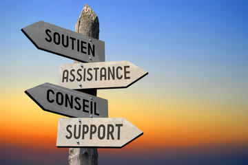 Soutien, Assistance, Conseil, Support - french signpost