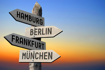 Hamburg, Berlin, Frankfurt, Munchen - signpost