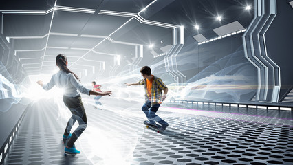 Young people ride skateboard