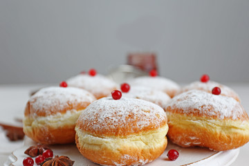 Fresh homemade donuts with powdered sugar, close up