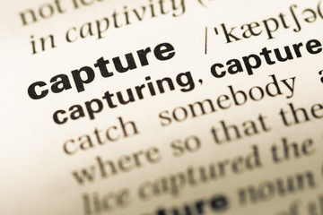 Close up of old English dictionary page with word capture