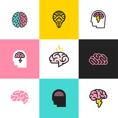 Set of flat line icons and logos of brain, brainstorming, idea, and creativity