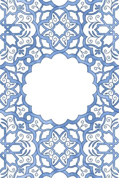 Greeting card template with arabesque watercolor pattern