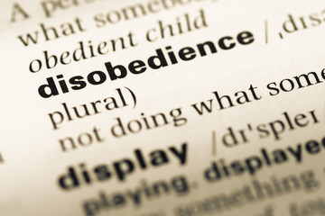 Close up of old English dictionary page with word disobedience