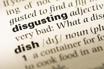 Close up of old English dictionary page with word disgusting