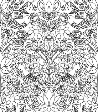 Strawberry thief - hand drawn seamless pattern, line drawing suitable for adult coloring books