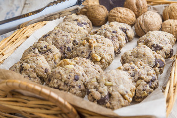 homemade chocolate walnut cookies with ingredients and kitchen u