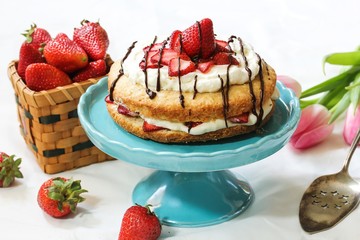 Strawberry Shortcake with fresh strawberries whipped frosting and chocolate drizzle