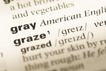 Fototapeta premium Close up of old English dictionary page with word gray