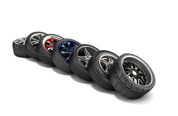 wheels with tires car standing in a row isolated on white 3d ill