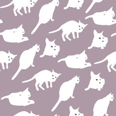 White cats seamless pattern. Vector illustration isolated on gray background.