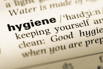 Obraz premium Close up of old English dictionary page with word hygiene