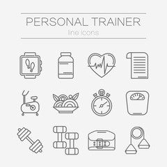 Vector set of line icons for personal trainer program.